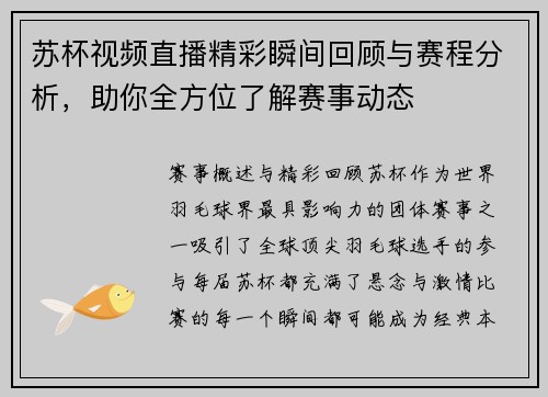 苏杯视频直播精彩瞬间回顾与赛程分析，助你全方位了解赛事动态