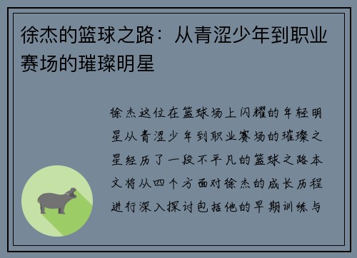 徐杰的篮球之路：从青涩少年到职业赛场的璀璨明星